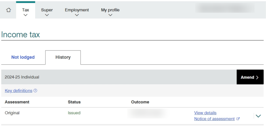 ATO Online Services Income Tax History page showing where to access a notice of assessment for the 2024–25 tax year.